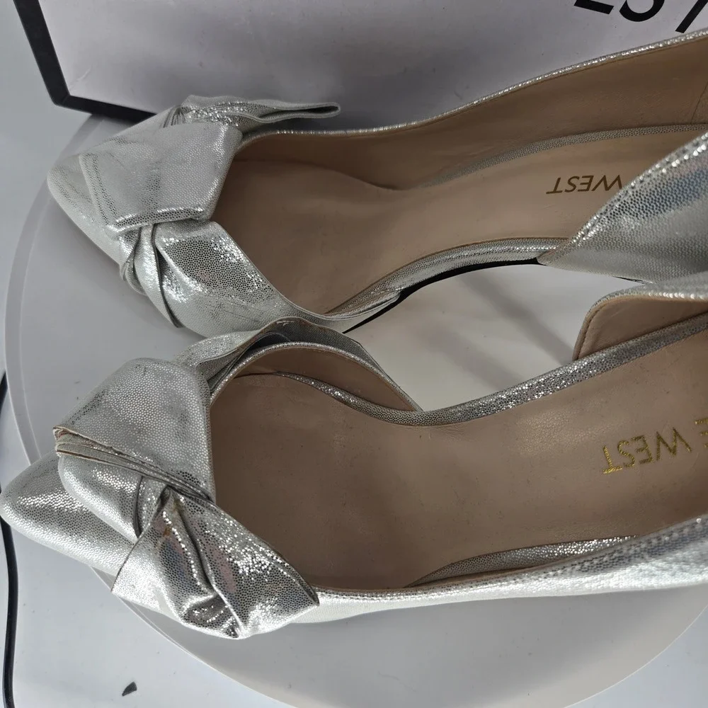 Nine West Edlina Silver Metallic Bow D'Orsay Pointed Toe Stiletto Pumps Heels 8M